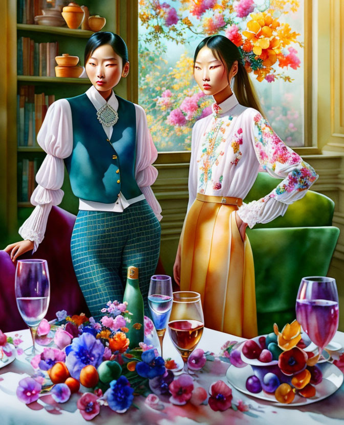 Fashionable duo near table with fruits and wine in sunlit room