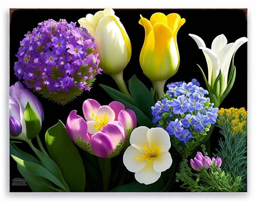 Colorful array of purple, yellow, white tulips, pink blossoms, blue flowers with green