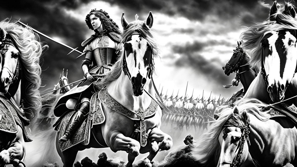 Monochrome female warrior on horseback in detailed battle scene