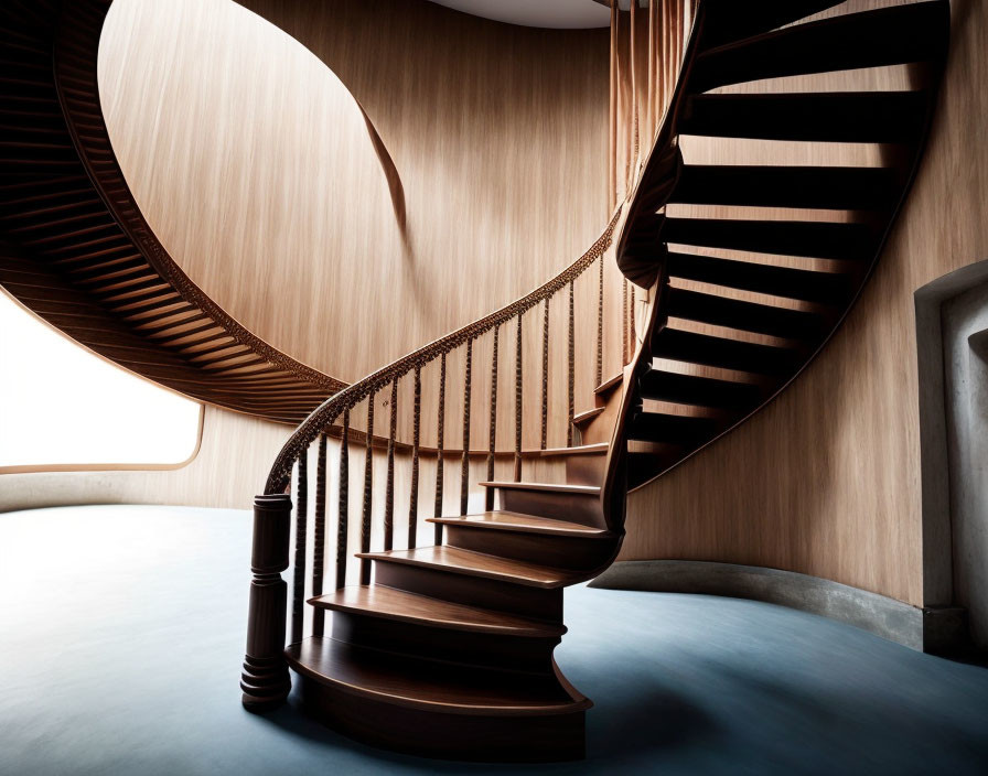 Wooden Spiral Staircase with Sleek Balustrades in Room with Wood-Paneled Walls