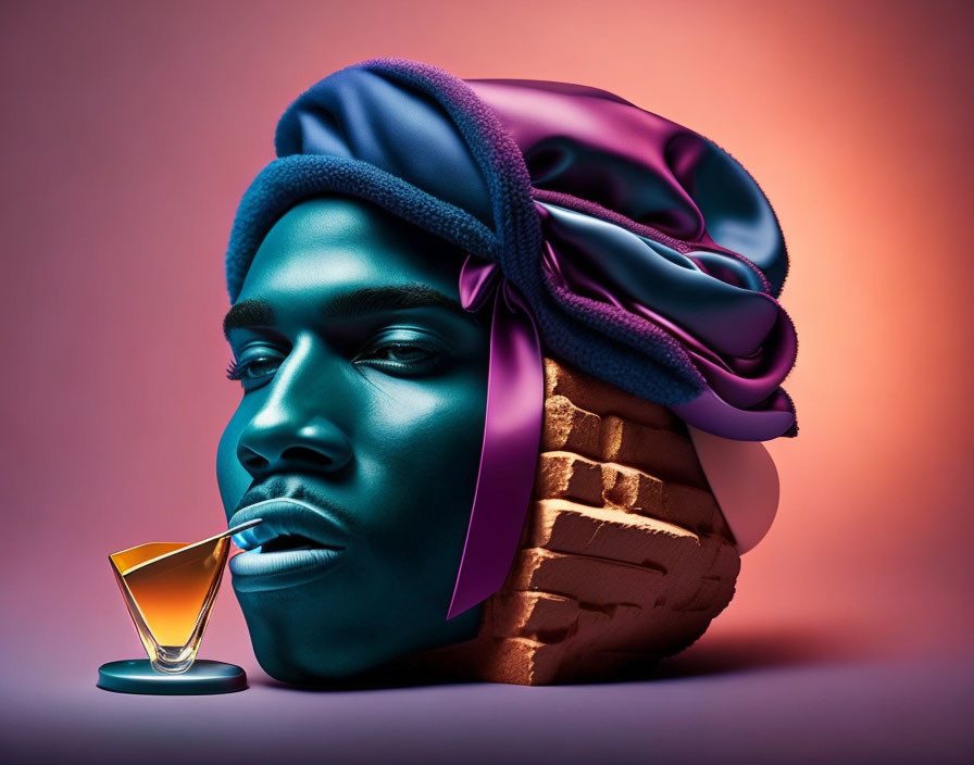 Vibrant artwork of man in blue head wrap sipping drink on textured brown base