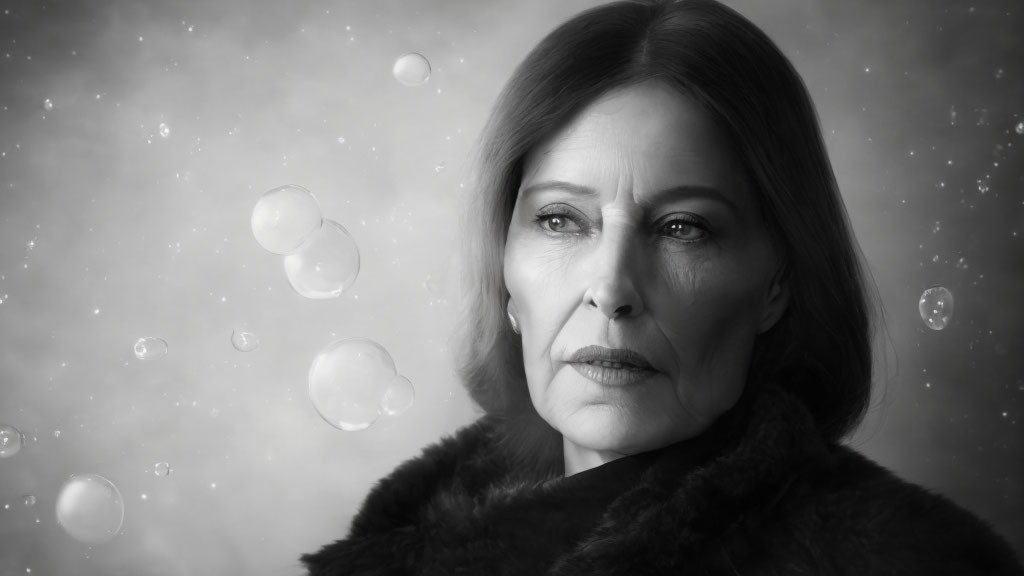 Monochrome portrait of contemplative older woman with fur collar and floating bubbles