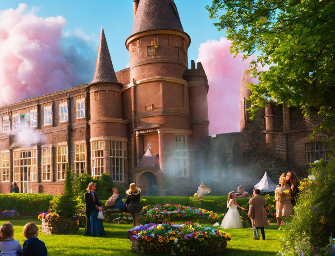 Grand castle with vibrant gardens and period-dressed people under pink sky