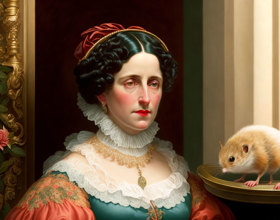 Classic Portrait of Woman with Dark Hair and Red Ribbon in Green and Orange Dress with Hamster on Table