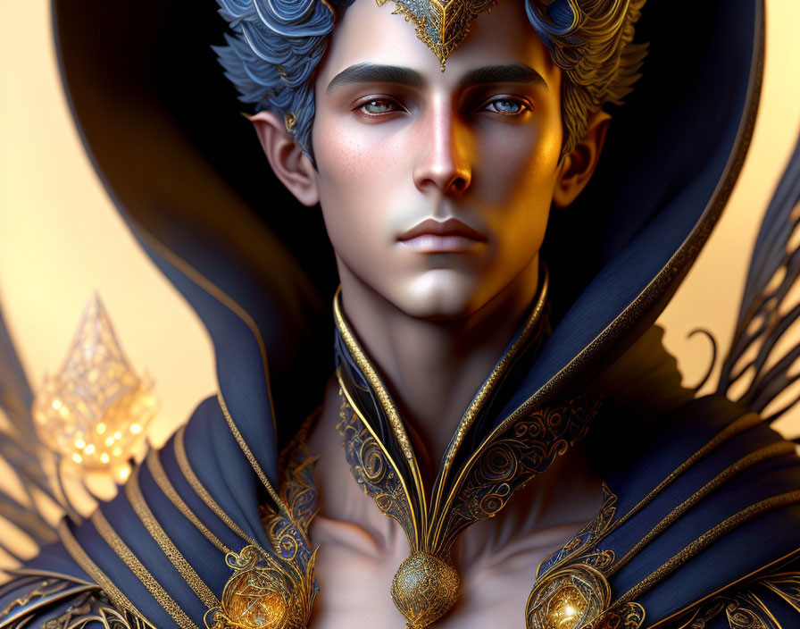 Androgynous digital art portrait in gold and blue attire