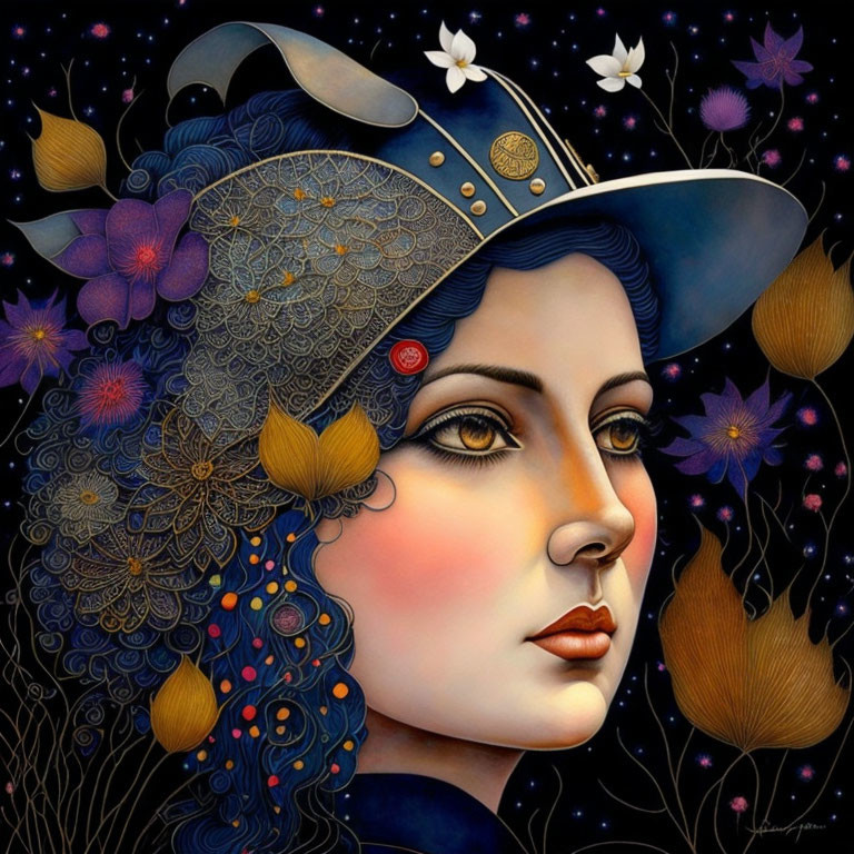 Illustration of woman with decorative headpiece in floral setting on starry night background