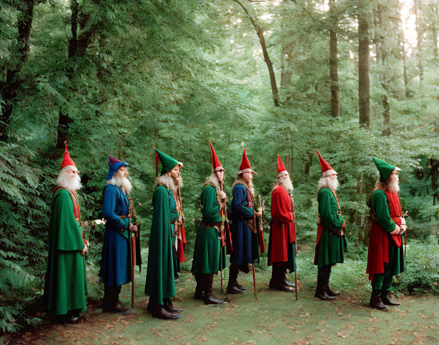 Cosplay group in colorful wizard and gnome costumes in forest