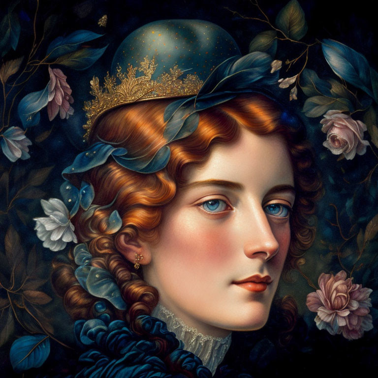 Woman portrait with celestial sphere headdress, dark leaves, pink roses, auburn hair, and