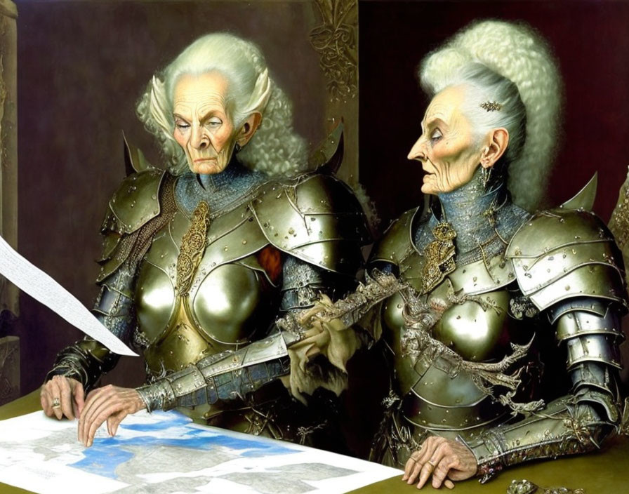 Elderly women in medieval armor study a map with nobility.