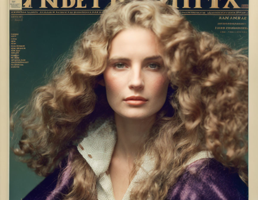 Curly-Haired Woman in Vintage Blouse on Magazine Cover