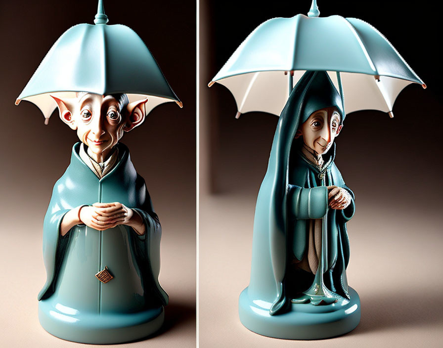 Porcelain figurine of a character with large ears and an umbrella cloak