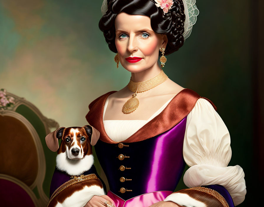 Digital artwork of woman in vintage gown with dog in classical portrait style