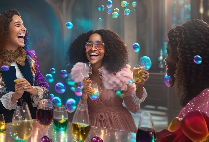 Three Women Laughing at Colorful Bubble Party