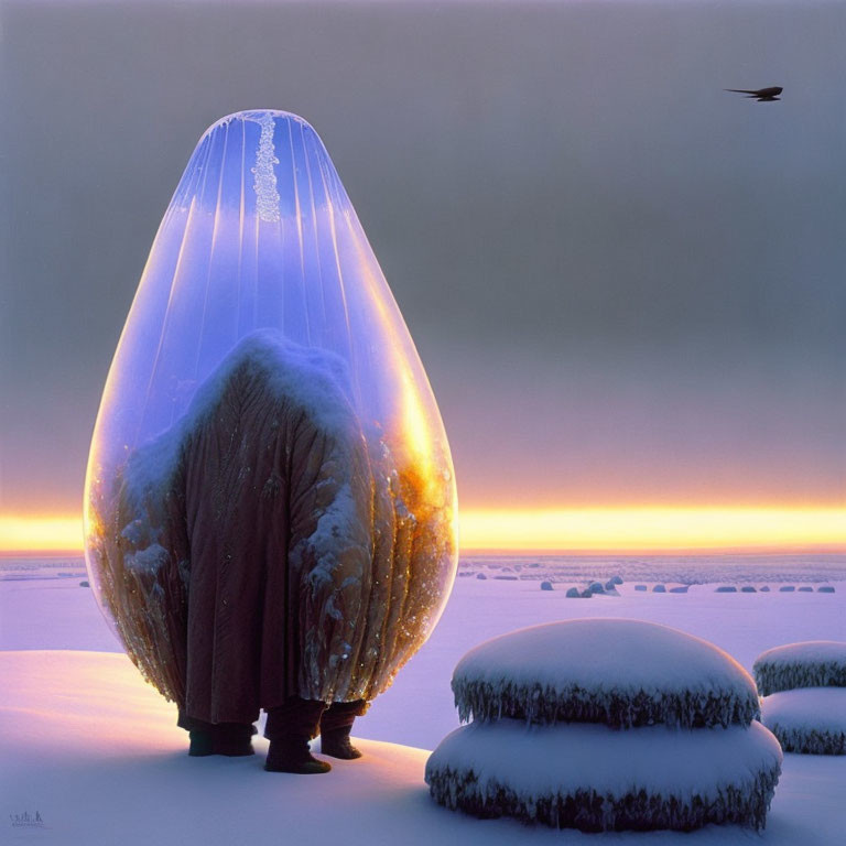 Translucent egg-shaped structure on snowy landscape at sunset