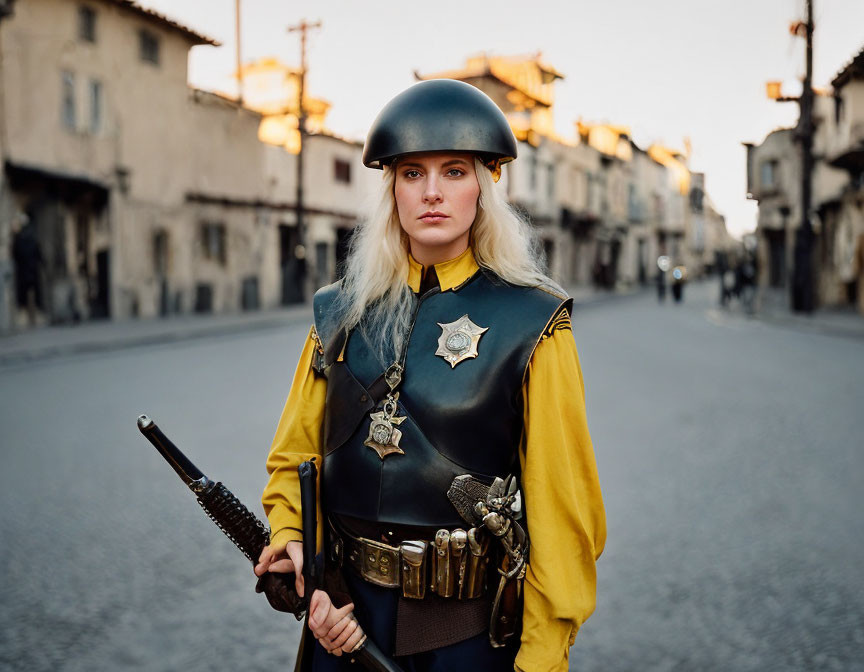 Stylized woman in police uniform with badge and baton on old street at dusk