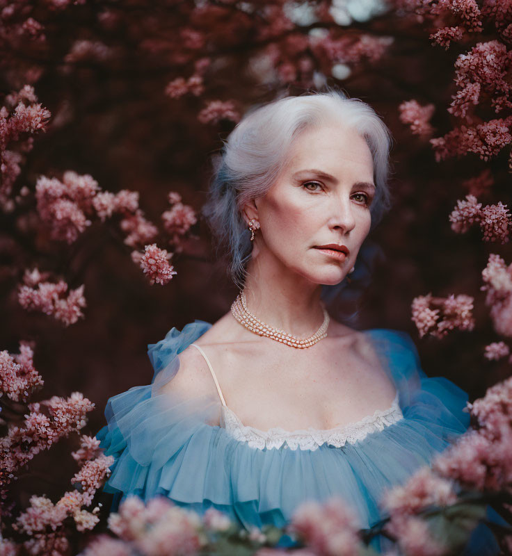 White-Haired Person in Blue Ruffled Dress with Pearl Necklace Among Pink Blossoms