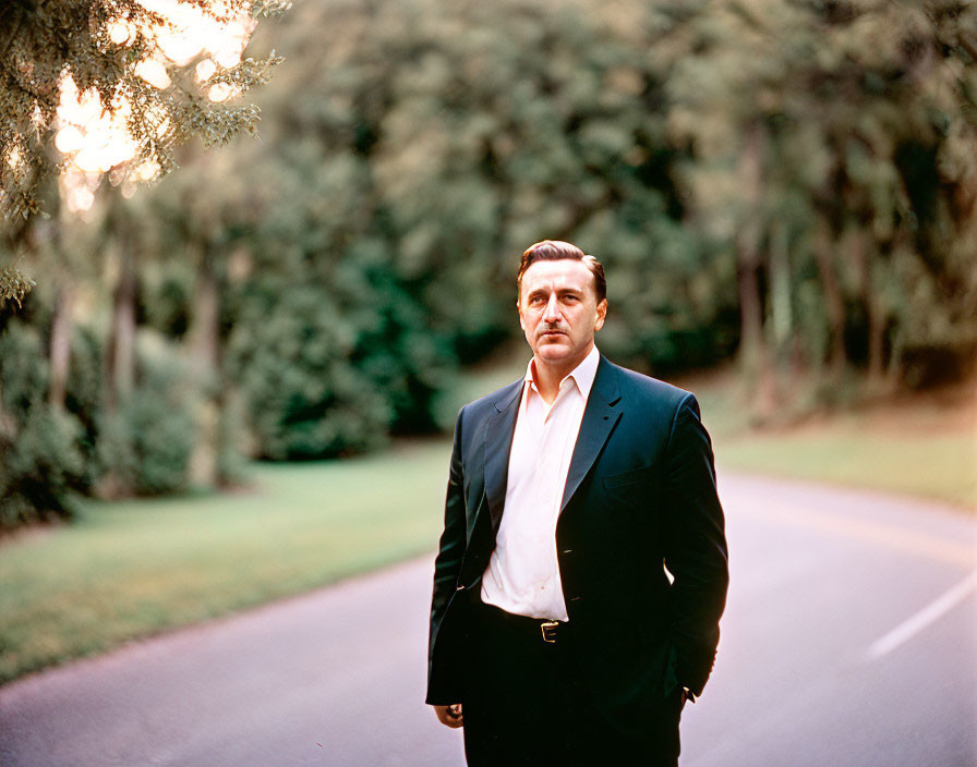 Confident man in dark suit on lush road with sunlight filtering through trees