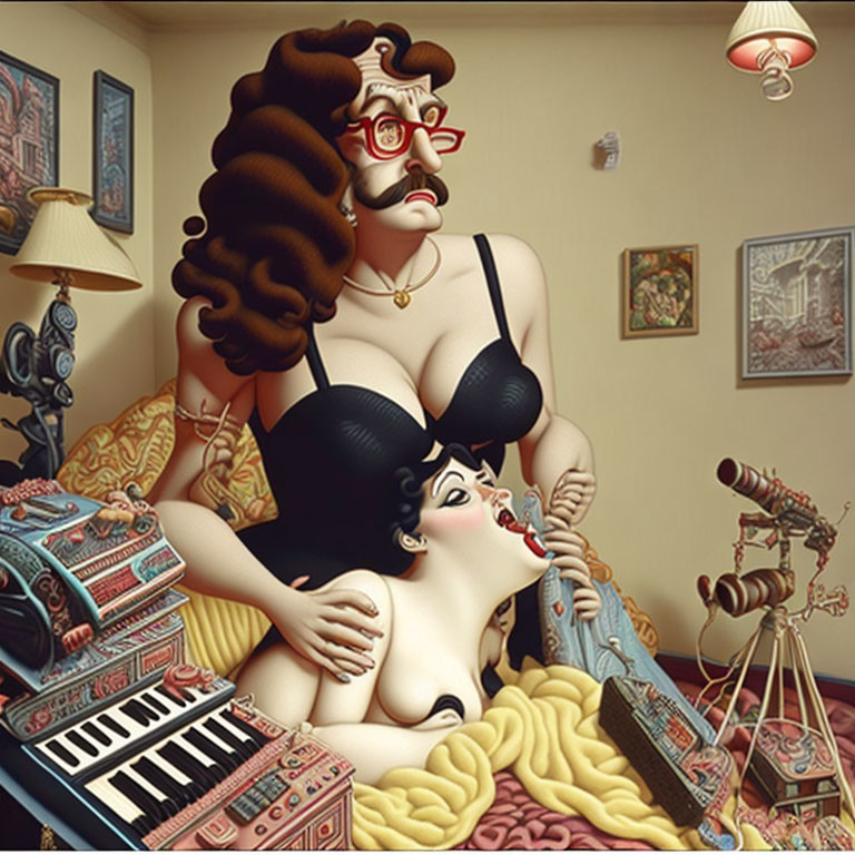 Surreal illustration of stylized women in eclectic room