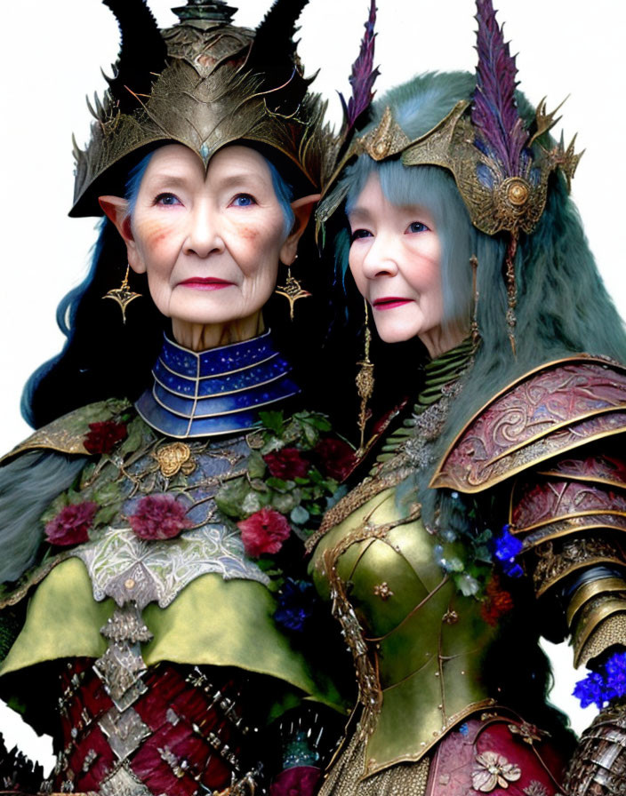 Elderly women in fantasy armor with horns and pointed ears