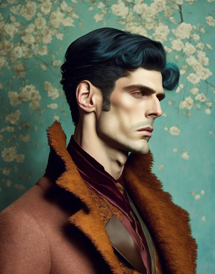 Stylized portrait of man with blue hair in fur coat on floral background