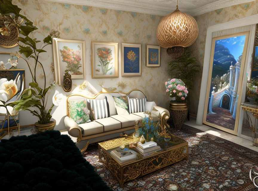 Sophisticated living room with white sofa, gold-framed artwork, pendant light, and balcony view