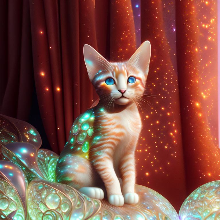 Whimsical digital illustration of orange tabby kitten with glowing blue eyes and iridescent wings against