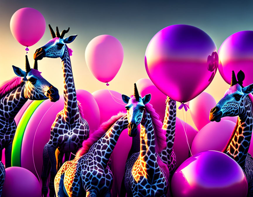 Colorful Giraffes with Balloons in Vibrant Digital Art