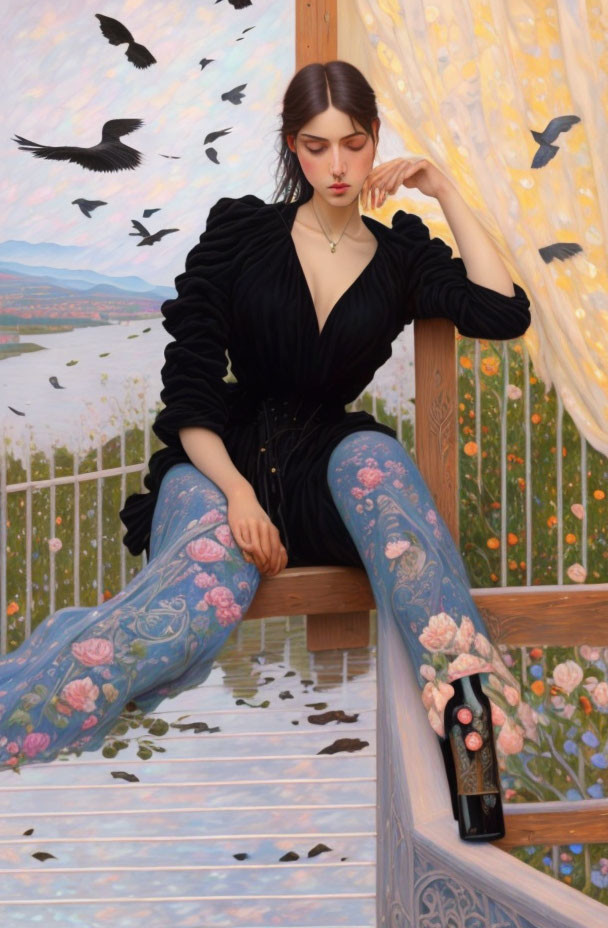 Pensive woman in black top and floral pants on balcony with countryside view