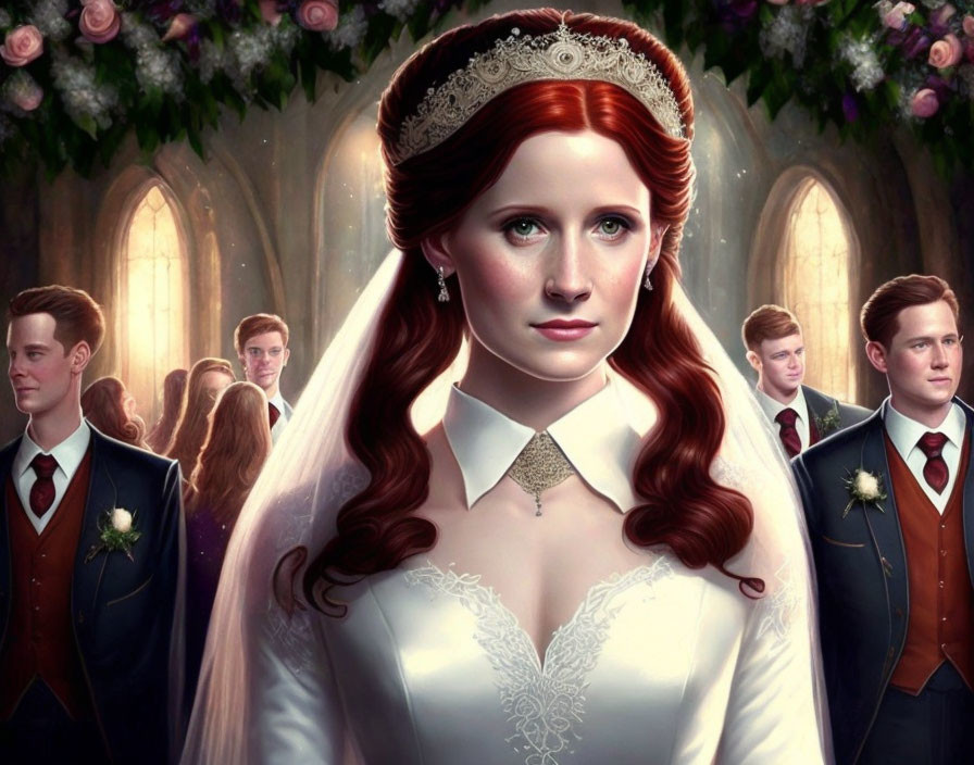 Red-haired bride in white dress with groom and best man at altar.