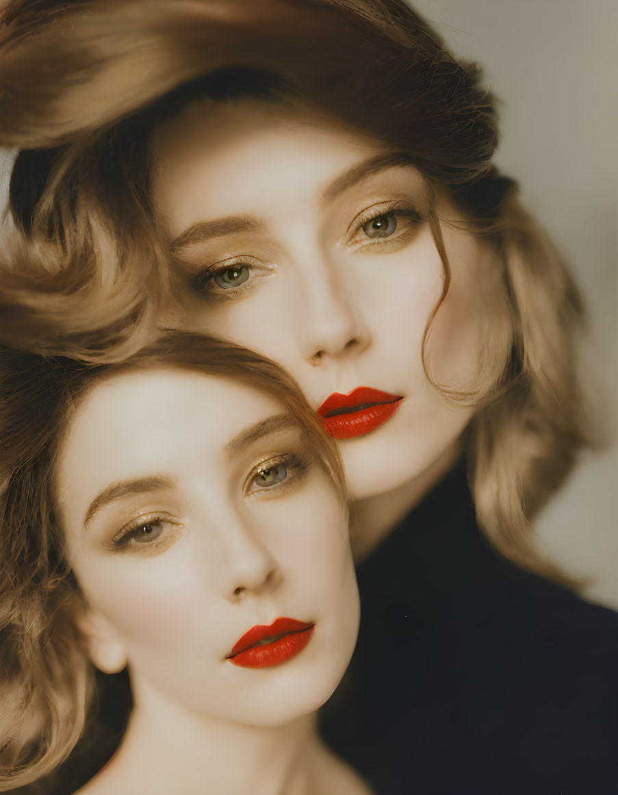 Vintage-style portrait of a woman with wavy hair and red lipstick, showcasing a surreal double vision effect