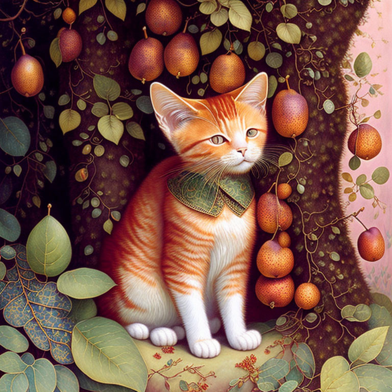 Orange and White Cat with Green Neckerchief Under Fruit Tree