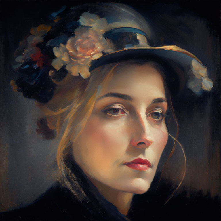 Portrait of Woman in Elegant Hat with Flowers on Dark Background