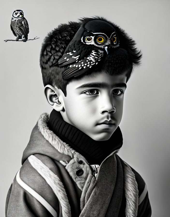 Monochrome photo of serious boy with digitally imposed owl on head.