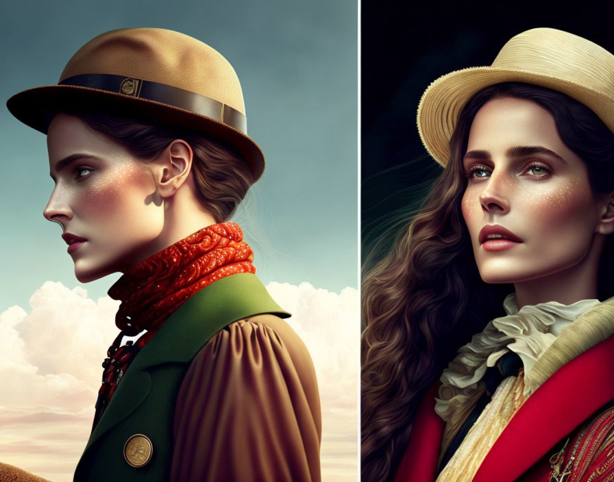 Stylized portraits of woman in vintage hats and clothing, one in olive green, the other in