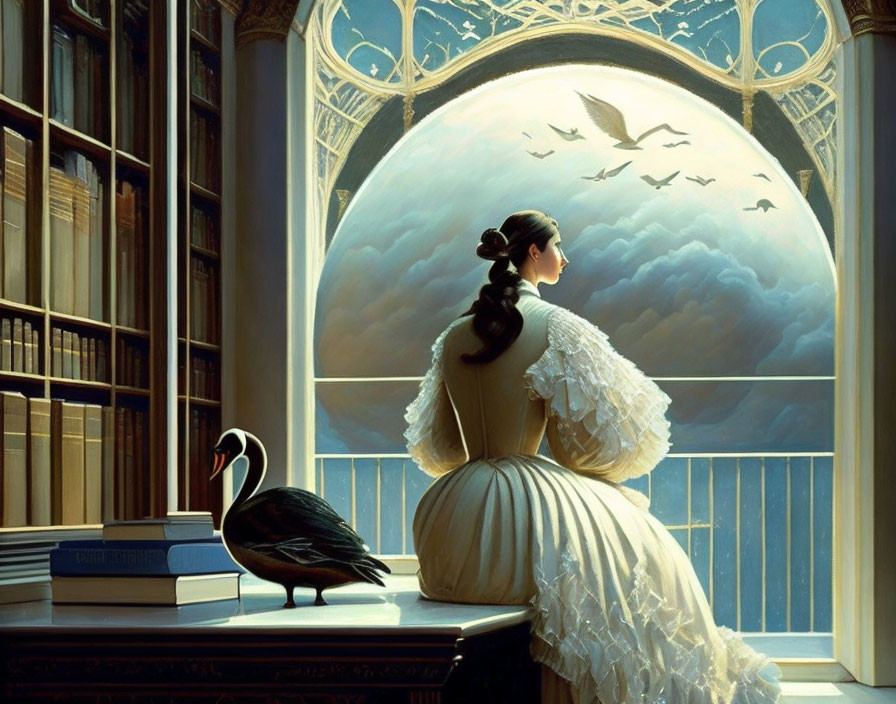 Vintage-dressed woman gazes at dreamy skyscape with swan and books in elegant library