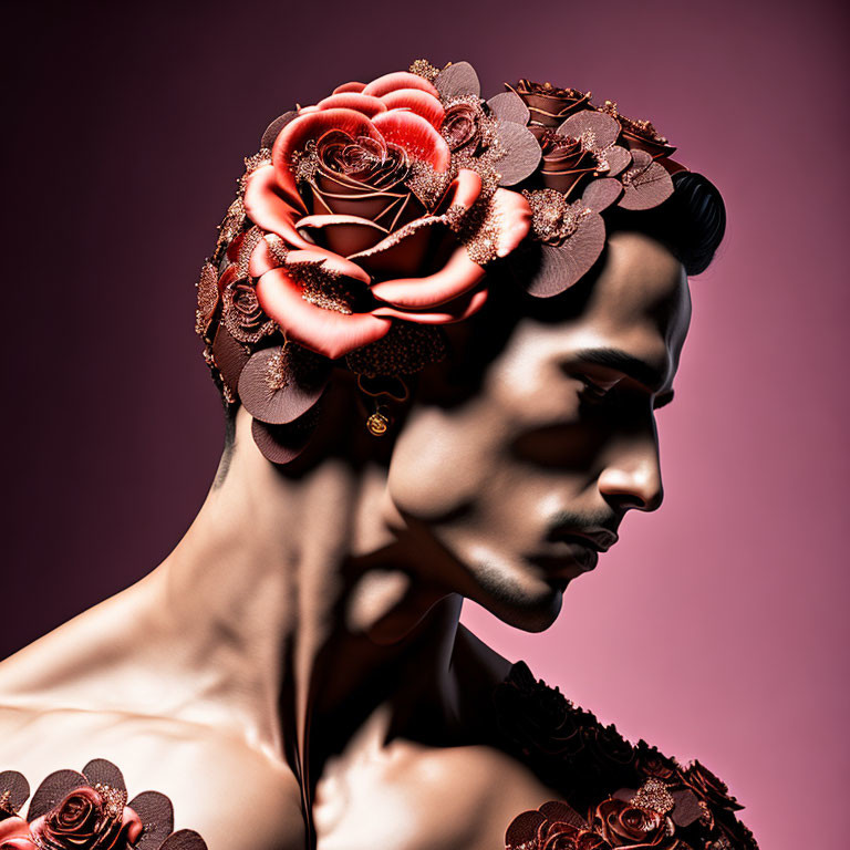 Profile view portrait with rose headpiece on pink background