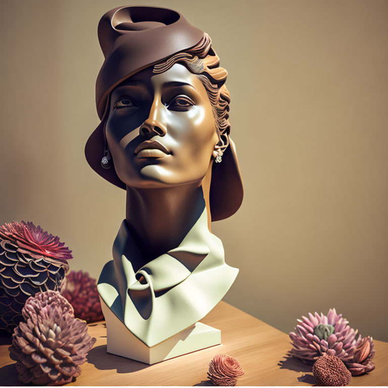 Stylized female bust with earrings in digital art against pine cone-like flowers