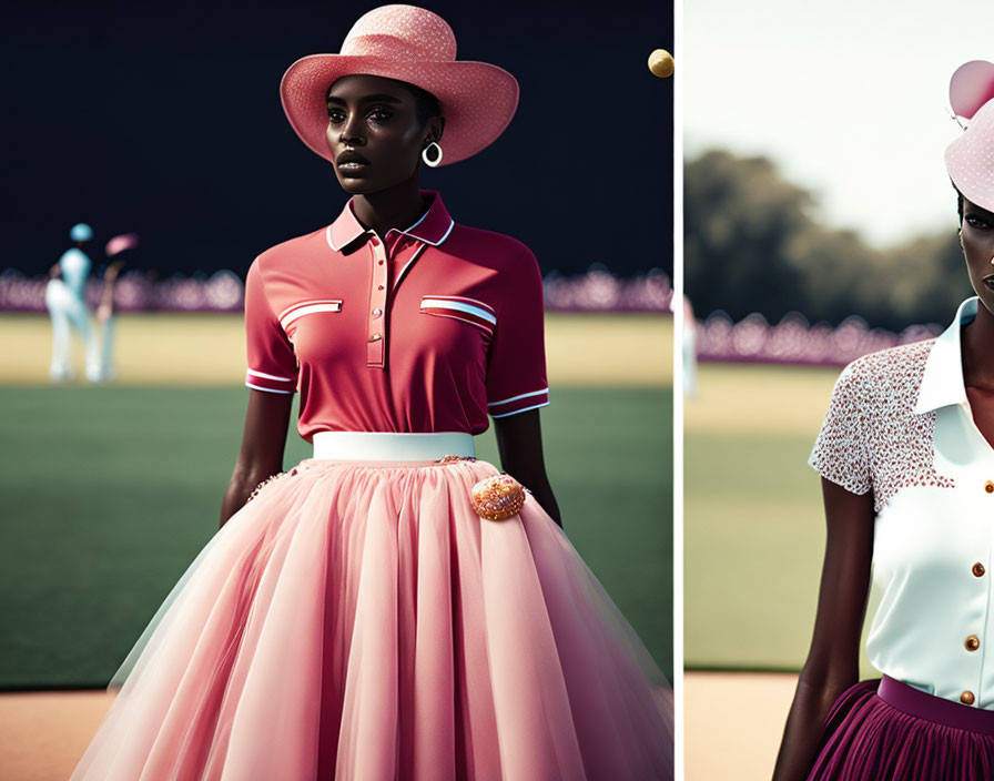 Stylish woman in pink outfit on croquet lawn with mallet