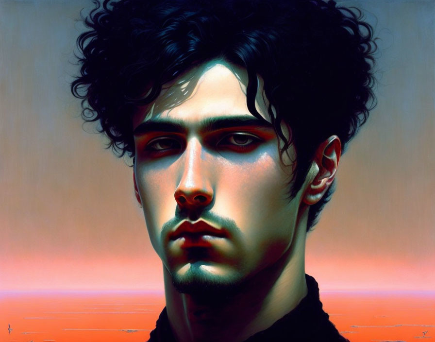 Hyperrealistic Painting: Young Man with Curly Hair and Piercing Gaze on Warm Gradient Background