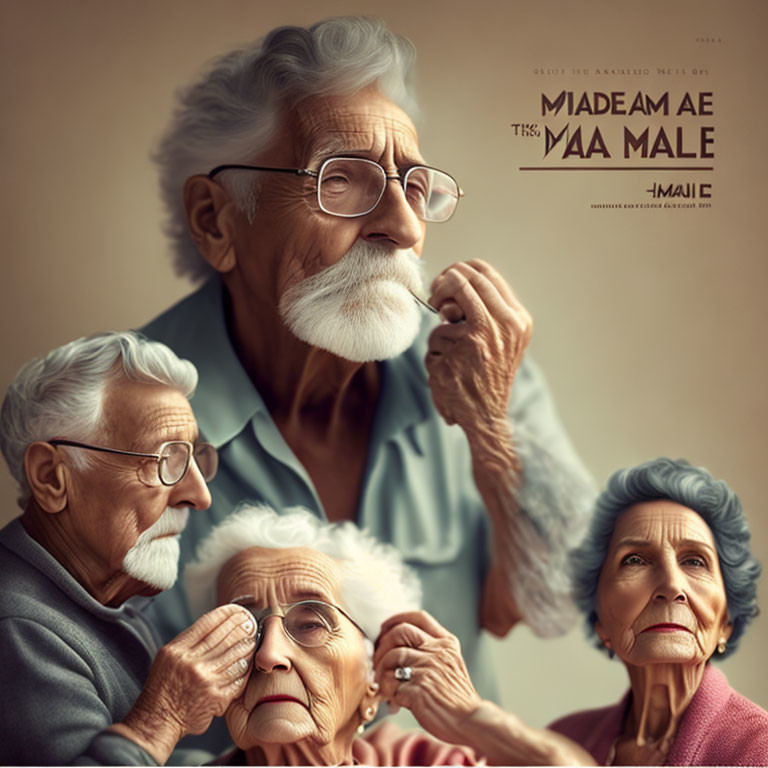 Realistic portrait of four elderly people with glasses, showcasing varied facial expressions against a plain backdrop