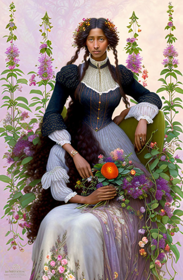 Portrait of a Woman in Floral Crown and Vintage Dress surrounded by Flowers