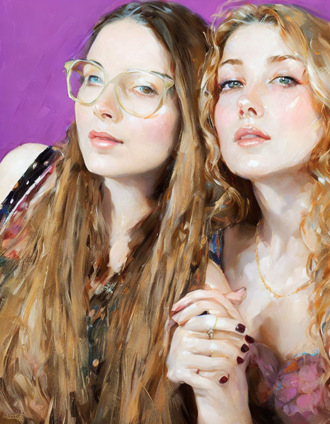 Digital painting of two women with fair complexions and long wavy hair, one brunette with glasses and