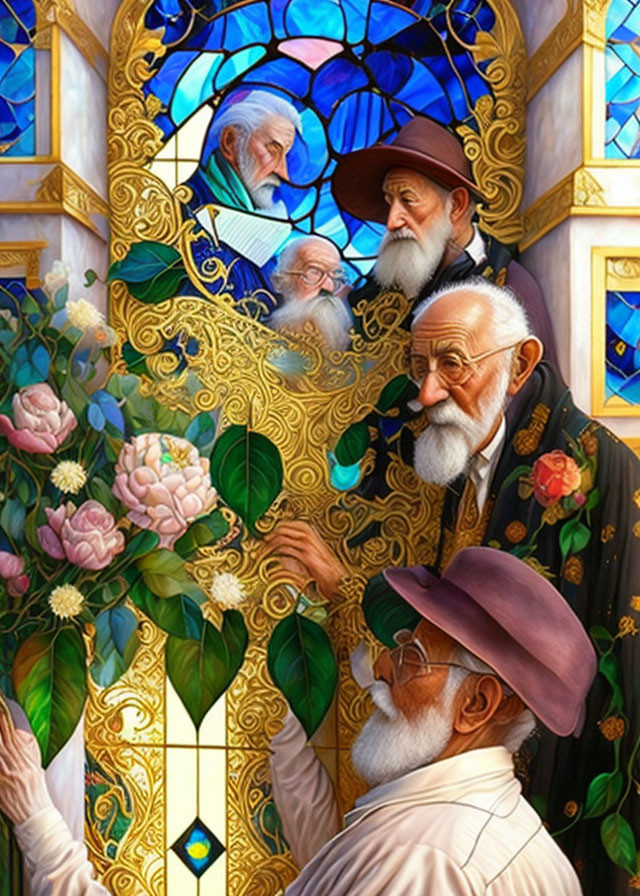 Vintage Attired Elderly Scholars Near Stained-Glass Window Examining Plant