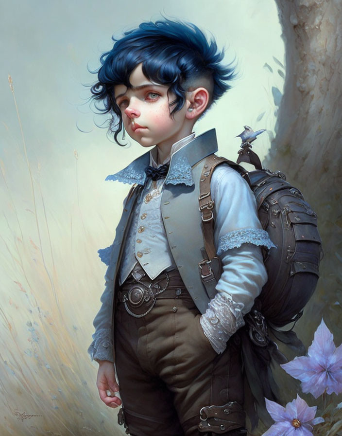 Child with Blue Hair in Steampunk Outfit Near Tree