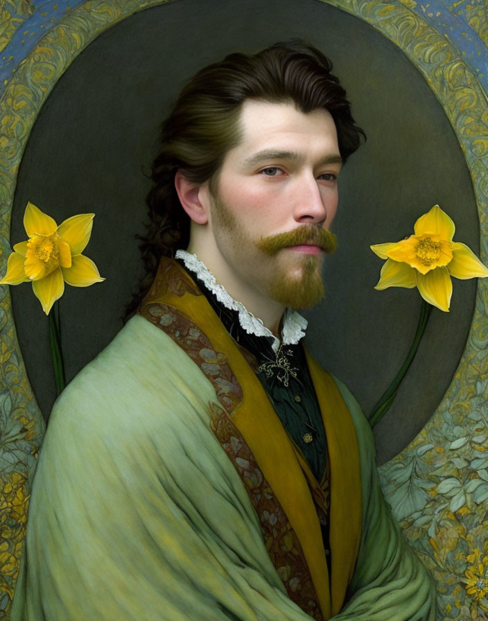 Man with Mustache in Vintage Attire Surrounded by Daffodils and Ornate Patterns