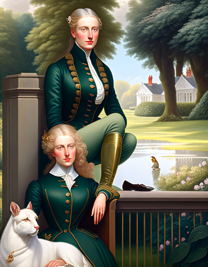 Stylized 18th-Century Portrait with Two Figures and Cat