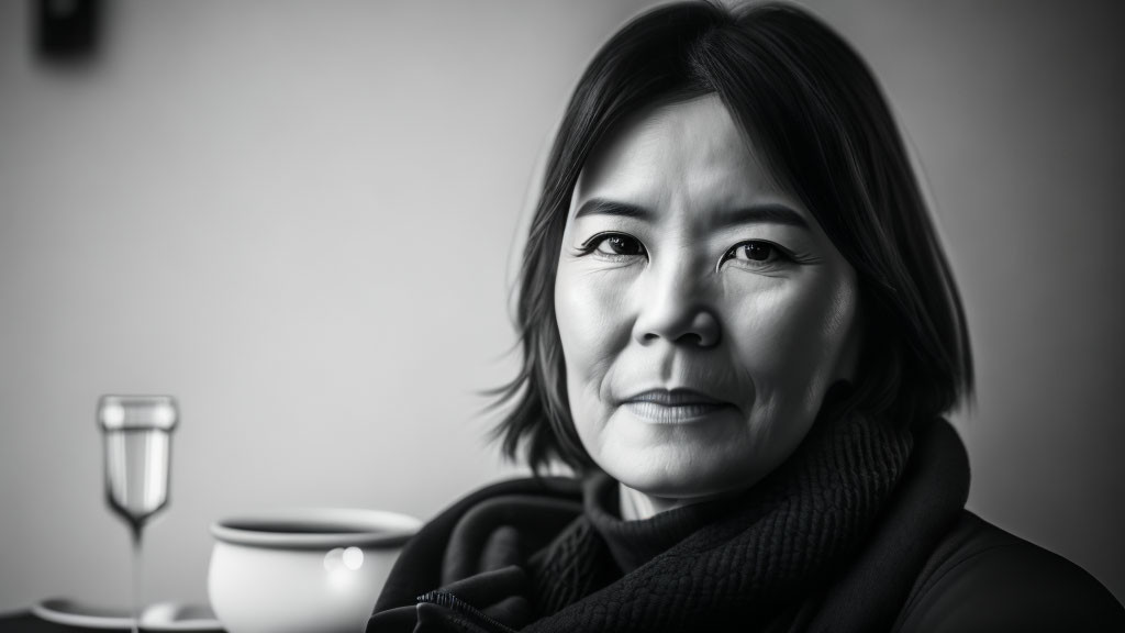 Monochrome portrait of Asian woman with scarf and table setting