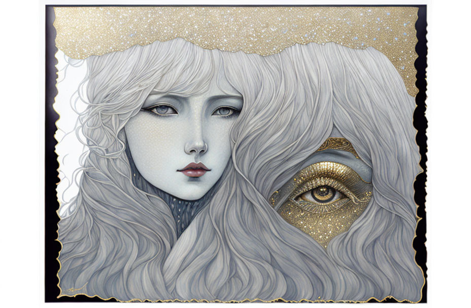 Illustration of woman with pale skin, wavy hair, one eye in golden makeup.