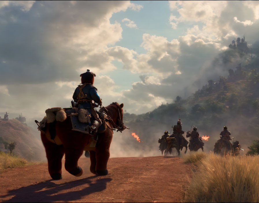 Horseback Rider Leading Group at Sunset in Hilly Landscape