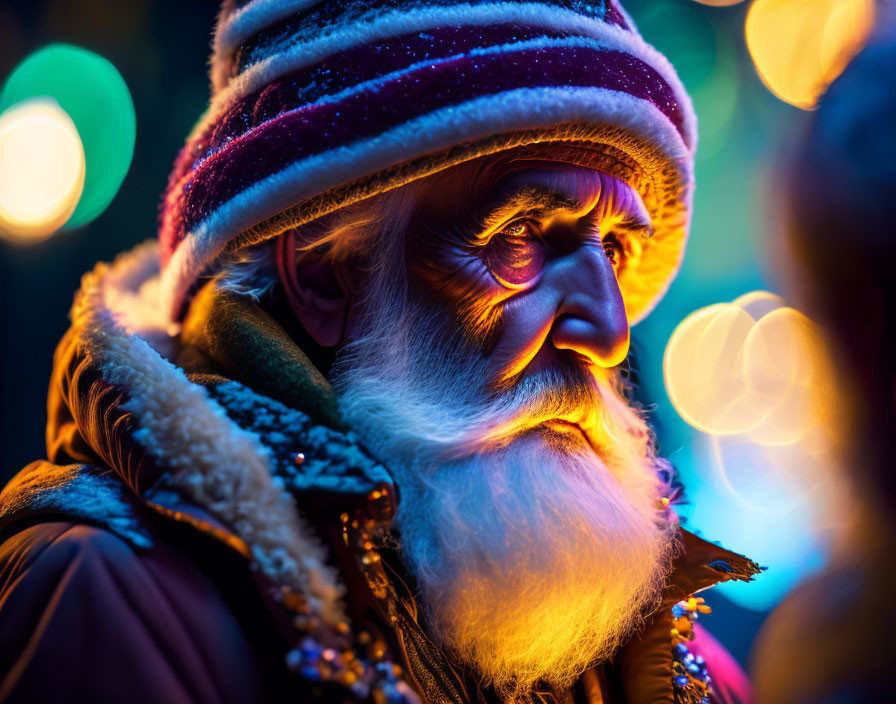 White-bearded elderly man in warm hat amid colorful bokeh lights.